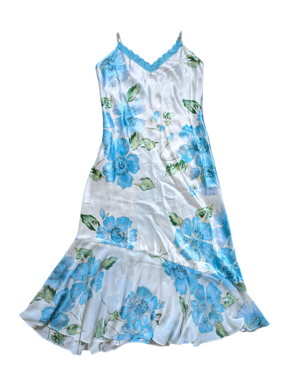 Y2K Delicates Slip Dress S Satin White-Blue Floral Asymmetric Sheer Hem Fairy